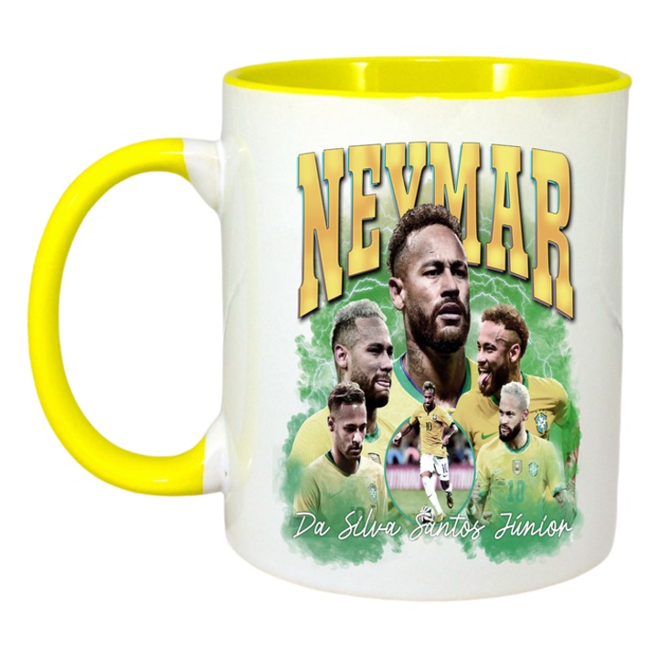 Cana Neymar Da Silva Santos Junios Brasil, ceramica, Cri-Flo, 330ml, Maner si interior Galben