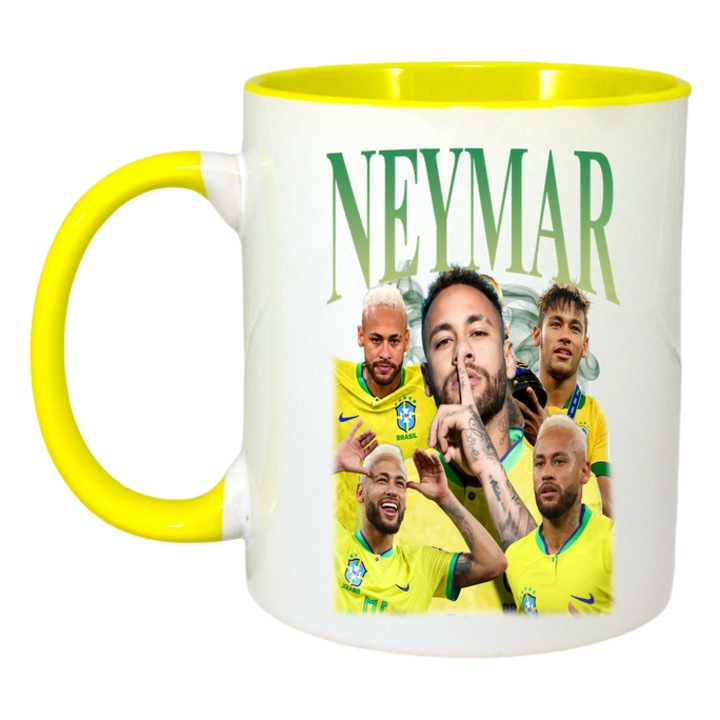 Cana Neymar Brasil Goal Best, ceramica, Cri-Flo, 330ml, Maner si interior Galben