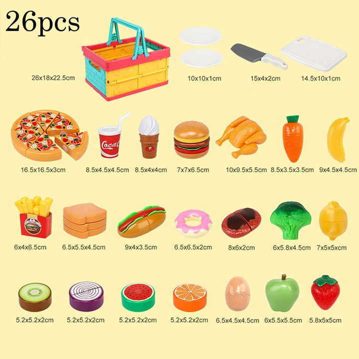 Set Jucarii De Bucatarie, ZGGZERG, Bucatarie Multifunctionala Pentru Copii, Fructe Legume Si Pizza De Taiat, Cu Cos De Depozitare Pliabil, Conexiune Velcro, Elemente Detasabile, Pentru Copiii 3 Ani+, Plastic, 26*18*22.5cm, Multicolor