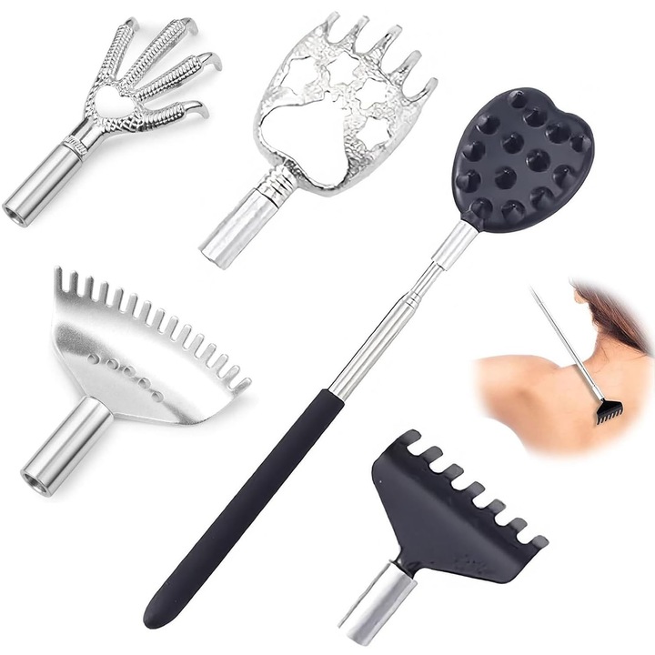 Instrument de scarpinat pentru spate, SINBINTA, Scarpinator telescopic pentru spate, Portabil, Maner Antiderapant, Retractabil 21 la 68cm, Pentru sau pentru alte zone cu mancarimi care nu pot fi scarpinate, Inox, Argintiu/Negru