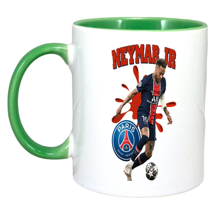 Cana Neymar Jr Paris Saing Germain Ball, ceramica, Cri-Flo, 330ml, Maner si interior Verde