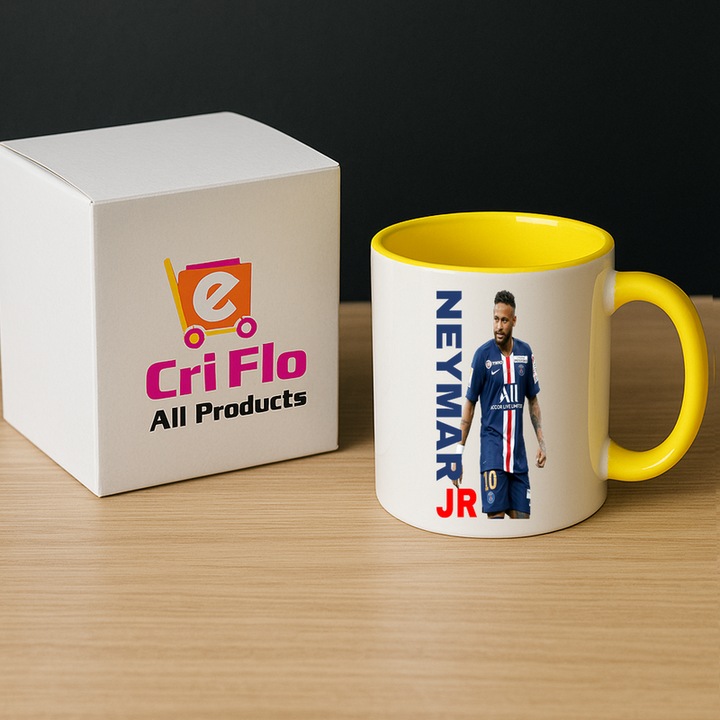 Cana Neymar Jr PSG Prezentare, ceramica, Cri-Flo, 330ml, Maner si interior Galben