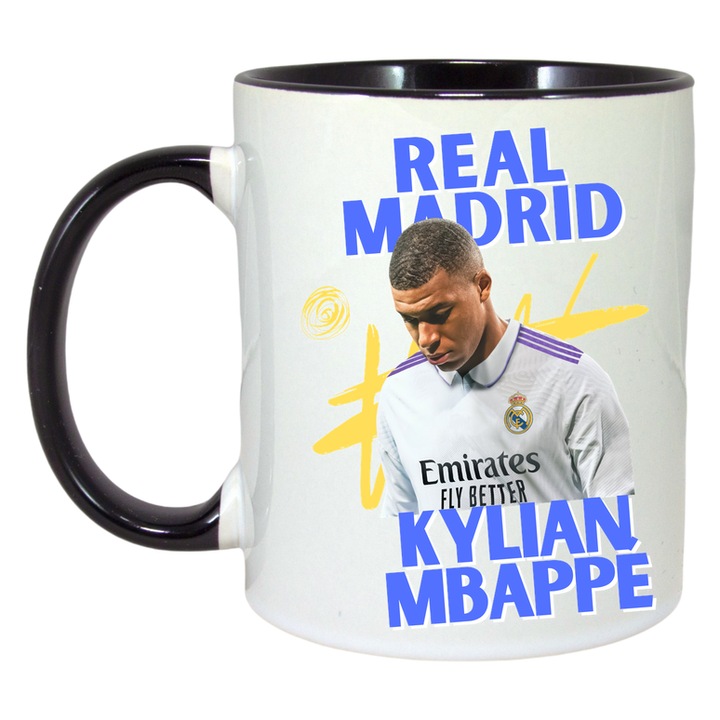 Cana Real Madrid Kylian Mbappe, ceramica, Cri-Flo, 330ml, Maner si interior Negru