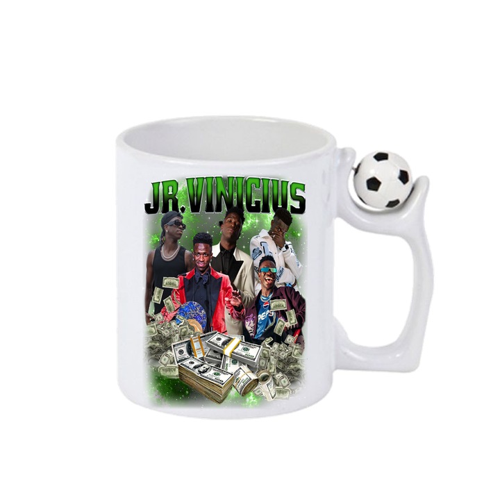 Cana Vinicius Jr. Cash Money The Best, ceramica, Cri-Flo, 330ml, Minge rotativa antistres, Maner si interior Alb-Negru