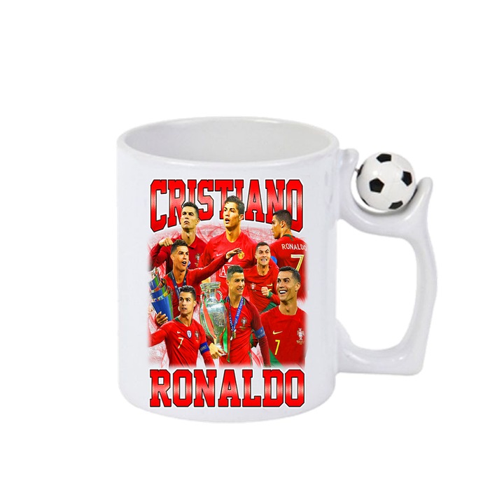Cana Ronaldo Cristiano Winner Portugal, ceramica, Cri-Flo, 330ml, Minge rotativa antistres, Maner si interior Alb-Negru