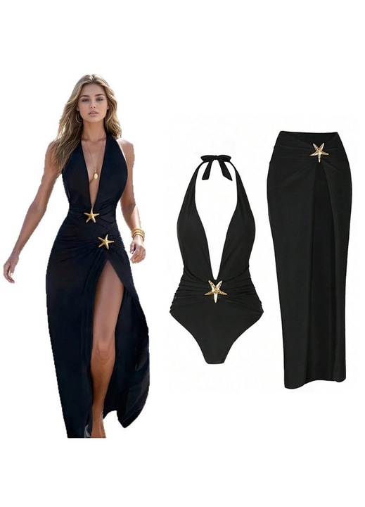 Комплект дамски бански от 2 части, дълга пола с висока цепка и кош, бански от една част с принт на морска звезда, секси и модерен, черен, Черен, M