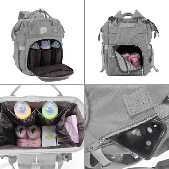 Geanta rucsac pentru scutece, Welora, material sintetic, dimensiuni 25x15x37cm, gri