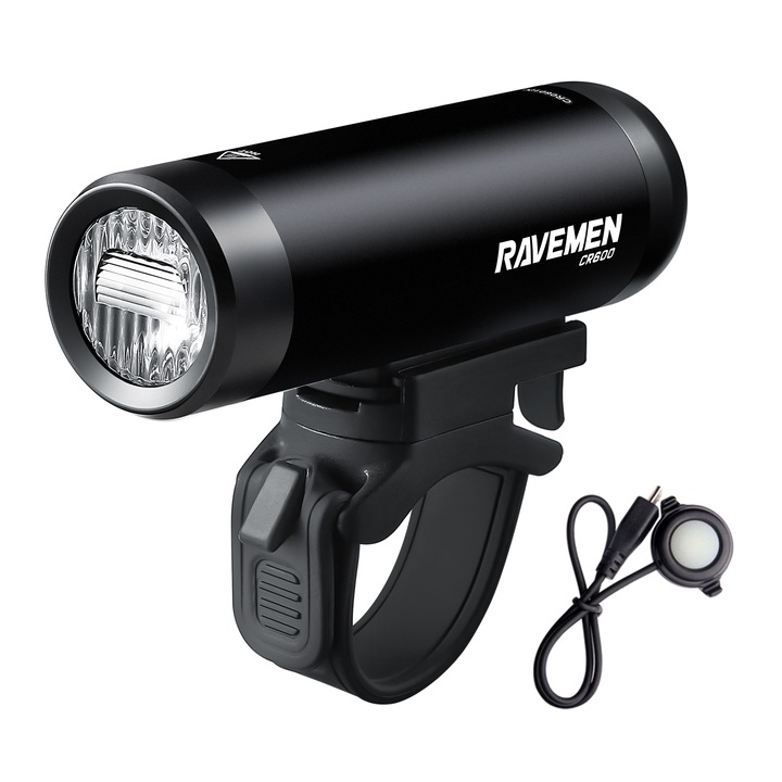 Lampa de bicicleta RAVEMEN CR600, 600 lumeni, fascicul in T, potrivita pentru mersul pe timp de noapte, 6 moduri de iluminare, impermeabila IPX6, carcasa din aliaj de aluminiu