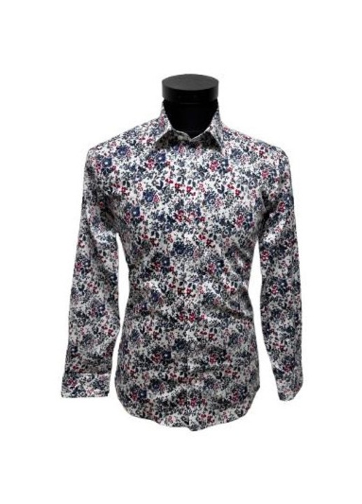 Cămașa cu mâneca lunga pentru bărbați, Model floral-1615, Rosu/Alb/Bleumarin