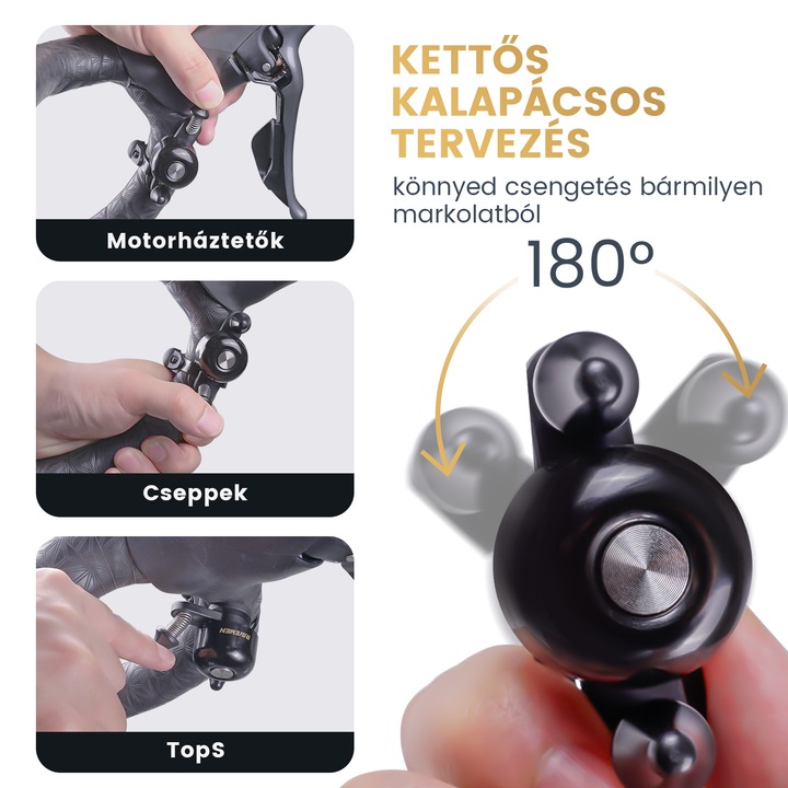 RAVEMEN Q3 országúti kerékpár csengő, Dupla kalapácsos rézötvözet kerékpár csengő felnőtteknek, Akár 47 mm-es kormányhoz illeszkedik, Könnyű a legtöbb markolatpozícióhoz, Egyszerű telepítés