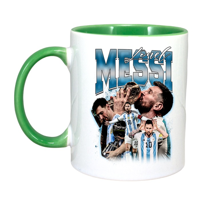 Cana Messi Lionel Argentina Campion, ceramica, Cri-Flo, 330ml, Maner si interior Verde