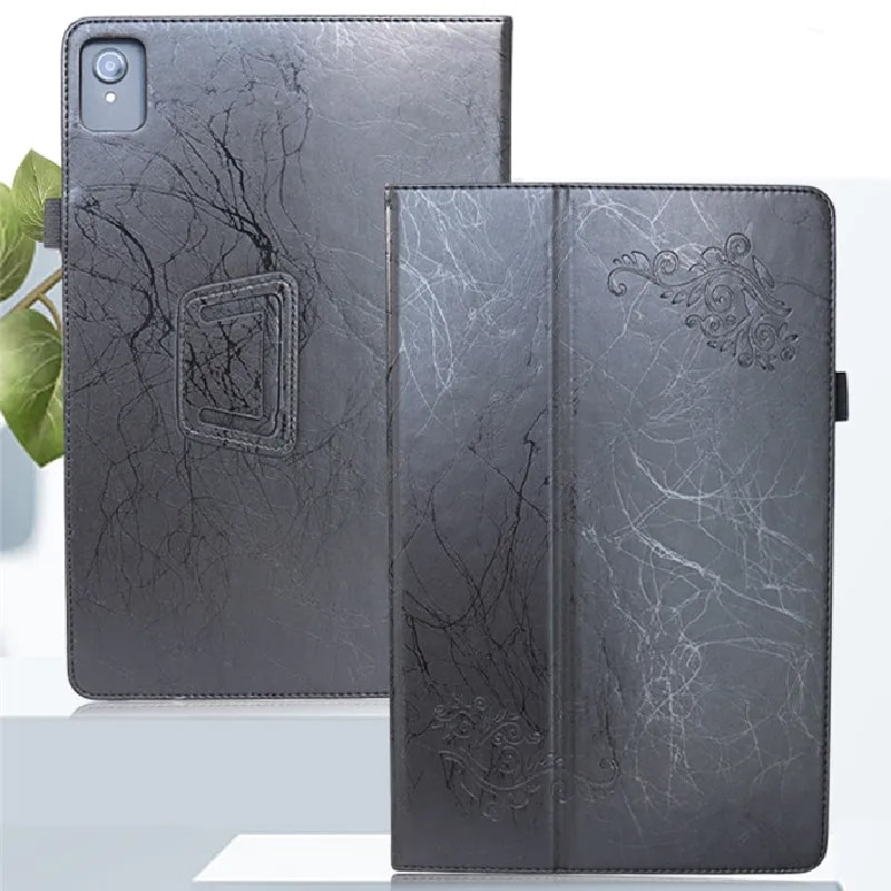 Husa tableta pentru TCL NxtPaper 11, piele cu model floral gravat, curea suport mana si loc pentru pix (negru)