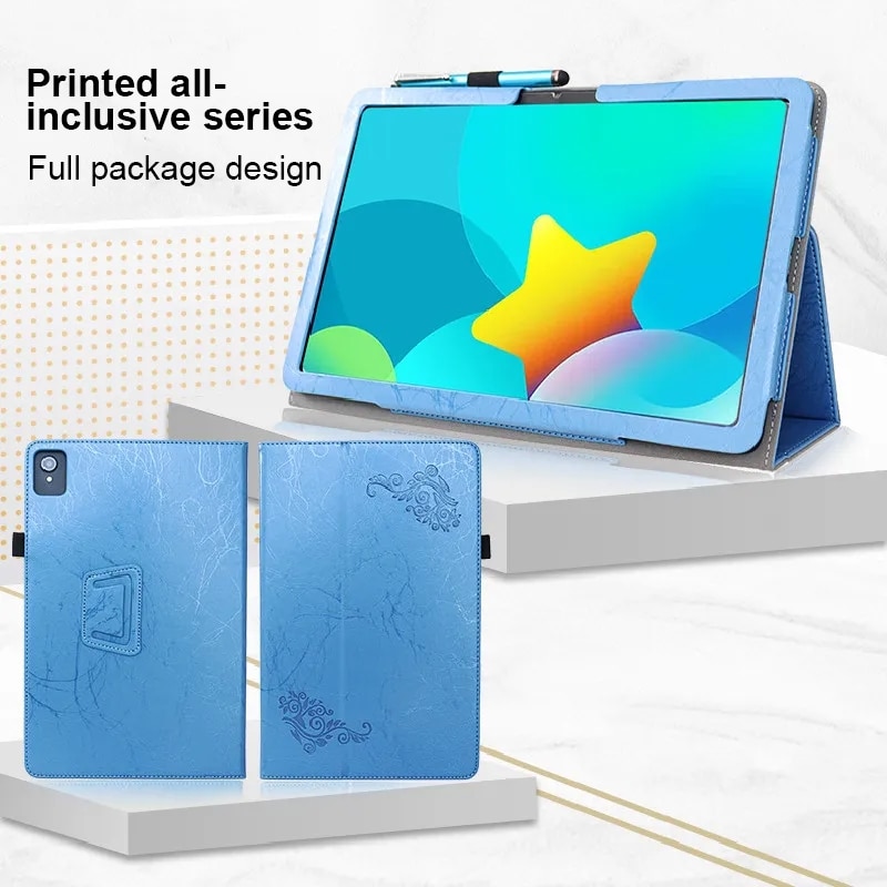 Husa tableta pentru TCL NxtPaper 11, piele cu model floral gravat, curea suport mana si loc pentru pix (negru)