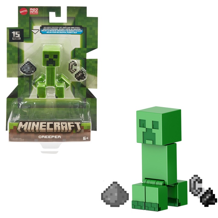 Figurină Minecraft Creeper 8cm, Mattel, articulată, cu piesă Build A Portal, pentru băieți