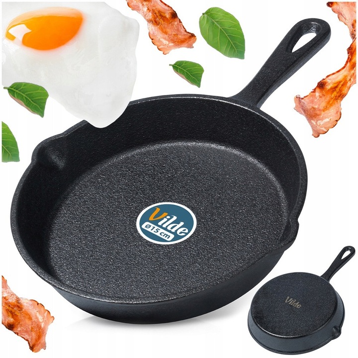 Tigaie Din Fonta Cu Capac, Vilde, Cast Line, 15 cm, Fonta, Rezistenta La Temperaturi Ridicate, Maner Confortabil, Universala Pentru Prajit, Gatit Si Copt, Negru