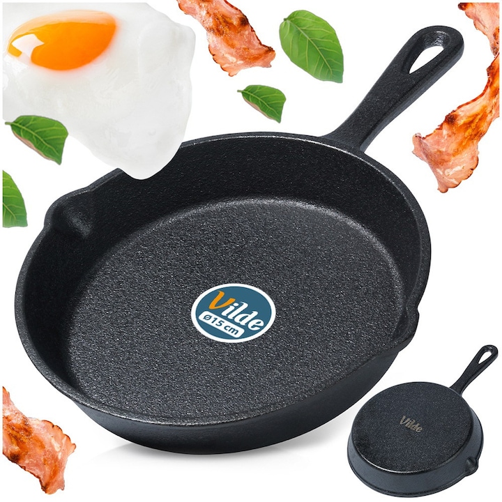 Tigaie Din Fonta Cu Capac, Vilde, Cast Line, 15 cm, Fonta, Rezistenta La Temperaturi Ridicate, Maner Confortabil, Universala Pentru Prajit, Gatit Si Copt, Negru