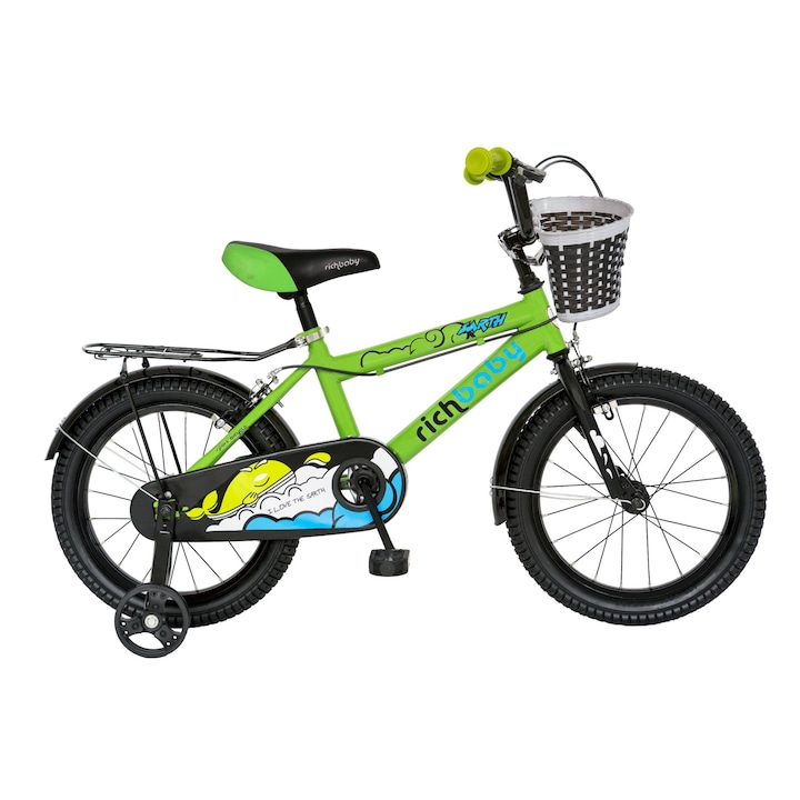 Rich Baby R1601A Fiú kerékpár, 16 hüvelykes, acélkeret, kényelmes, segédkerekek, csengő, műanyag tároló kosár, zöld / fekete, 4-6 éveseknek
