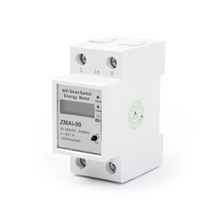 Contor Inteligent WiFi ZMAi-90, monofazat, 60A, cu afisaj LCD pentru monitorizare consum energie, montare sina DIN, releu smart cu protectie la suprasarcina si supratensiune, compatibil cu aplicatia Tuya / Smart Life