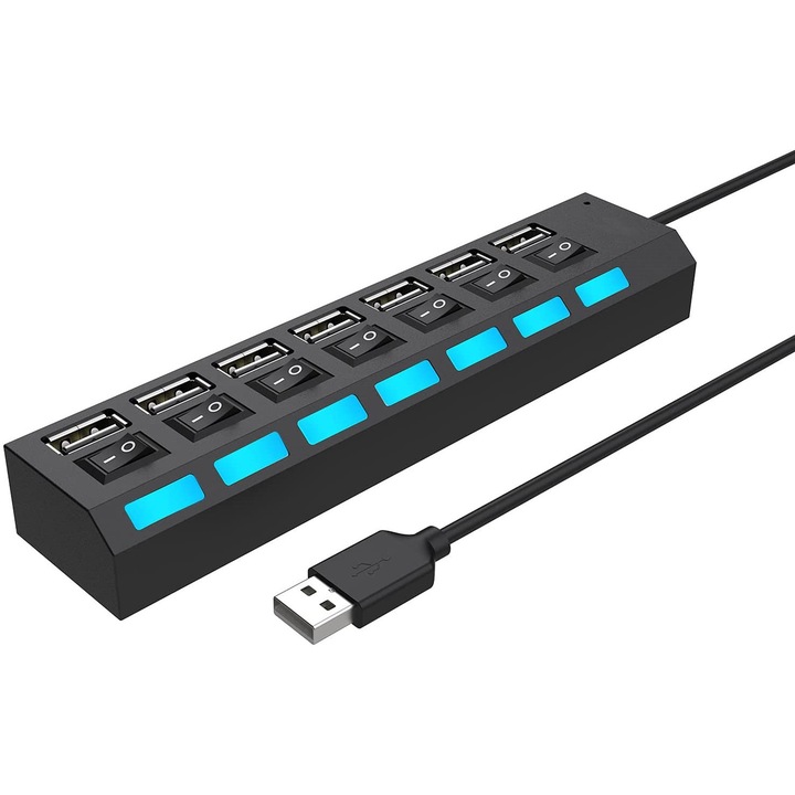 USB 2.0 elosztó, 7 portos, egyedi kapcsolókkal, LED, fekete