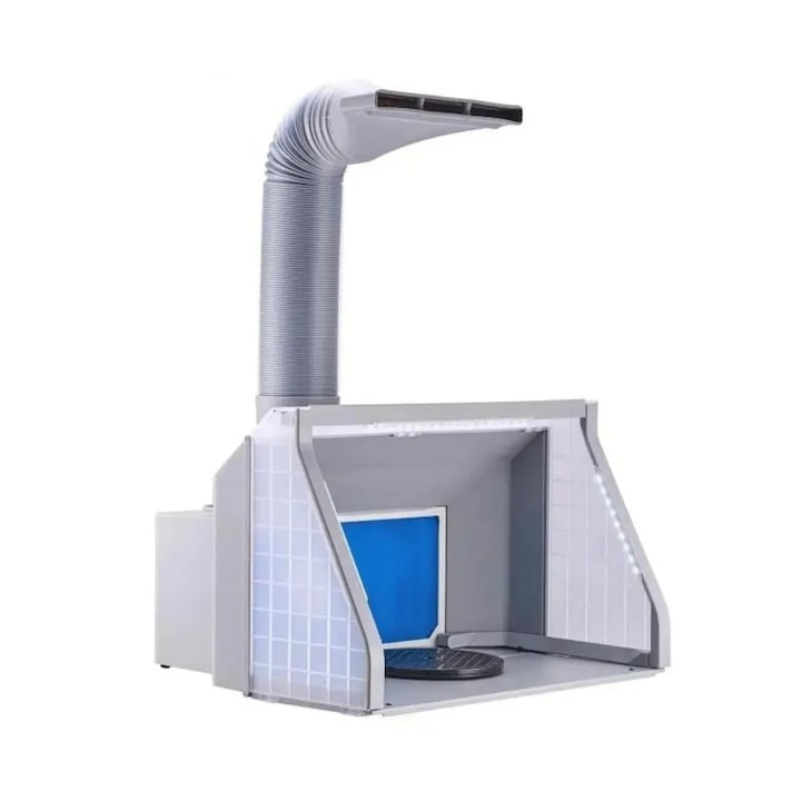 Airbrush szórófülke, dupla ventilátor, LED lámpák, 42 cm-es tömlő, hordozható