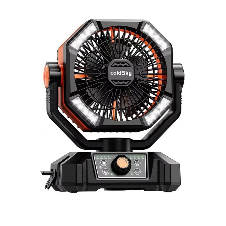 Kempingventilátor, 20000mAh akkumulátor, 8 sebességfokozat, LED fények, távirányító, narancssárga