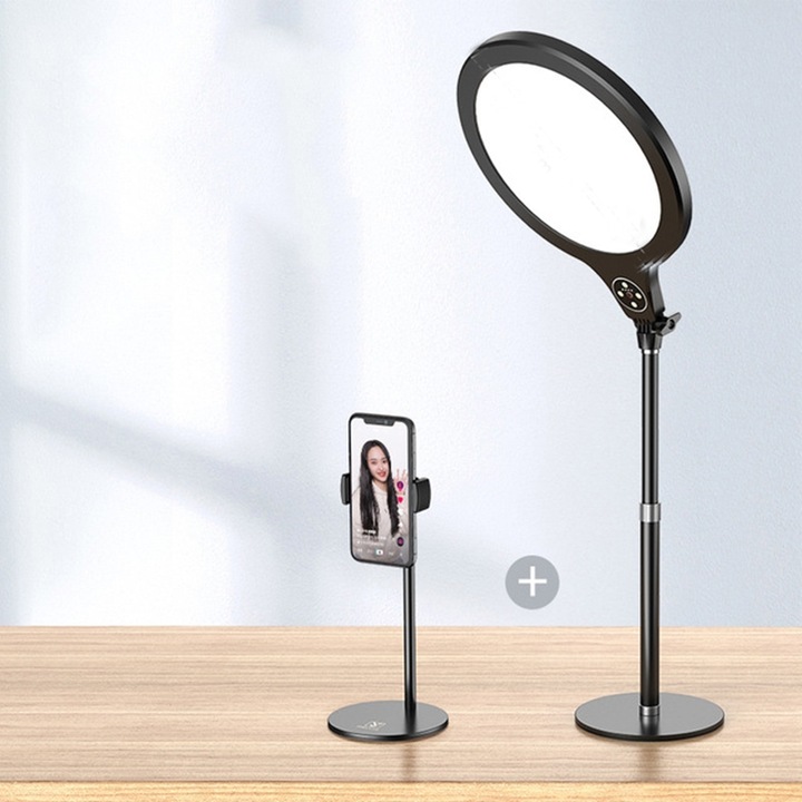 Lampa Portabila, Selfie Light 26cm, 3 Moduri Iluminare, Reglaj luminozitate, Suport birou inclus, Alimentare USB, Negru