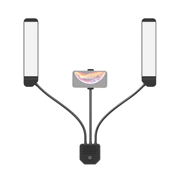 Lampa Portabila, Selfie Light cu Doua Brate Reglabile, 3 Culori si Luminozitate Ajustabila, Clip Telefon, Negru