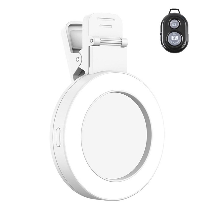Lampa Portabila, Selfie Light tip oglinda de telefon cu clip, Iluminare ajustabila, Control de la distanta, Alb