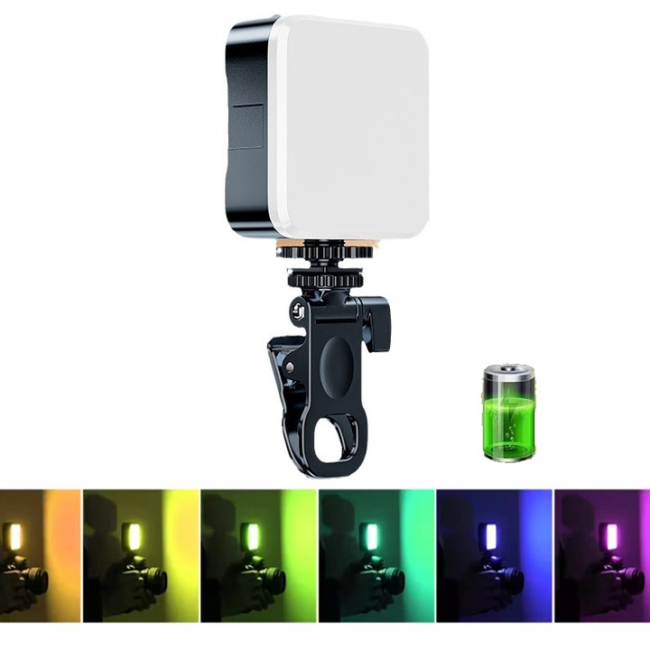 Lampa Portabila, Selfie Light cu Clip, 3 Moduri de Iluminare, Baterie Reincarcabila RGB, Negru
