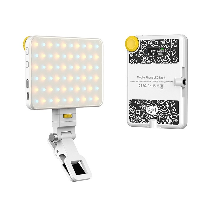 Lampa Portabila, Selfie Light 60 LED-uri Reincarcabila, 3 Moduri de Iluminare, Clip frontal si clip spate ajustabile, Alb