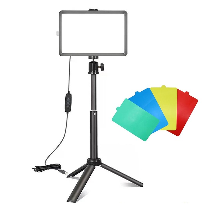 Lampa Portabila, Selfie Light 8 inch, 3 Moduri iluminare, Control luminozitate, Gimbals, Tripod telescopic, Negru