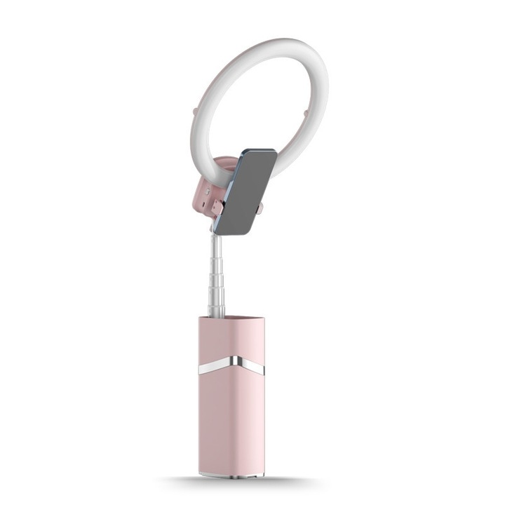 Lampa Portabila, Selfie Light, Reglaj luminozitate 10 niveluri, Alimentare USB, Suport telefon, Roz