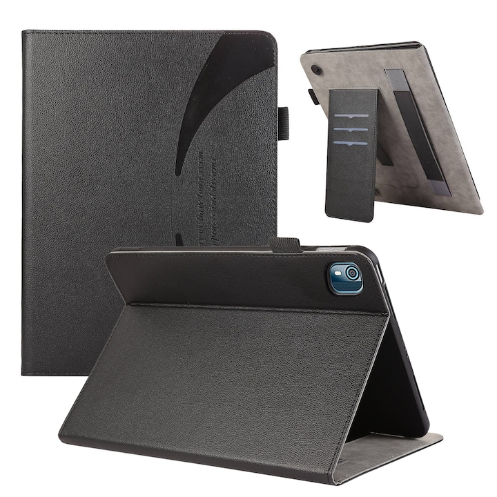 Husa tableta pentru Nokia T10 8.0, piele textura litchi, tip ventuza, culoare neagra