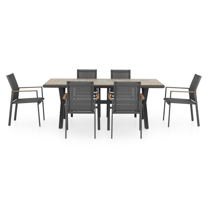 Set mobilier gradina/terasa 6 scaune si masa Maison Mex PAFOS, antracit/natur-mix gri