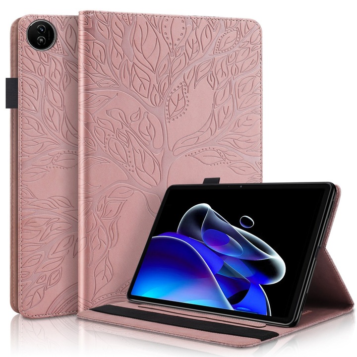Realme Pad 2 tablet tok, dombornyomott bőr fa mintával, rozéarany, Tree Life sorozat