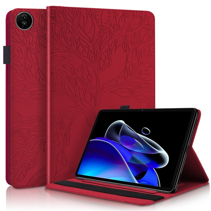 Realme Pad 2 tablet tok, Tree Life sorozat, dombornyomott bőr, piros