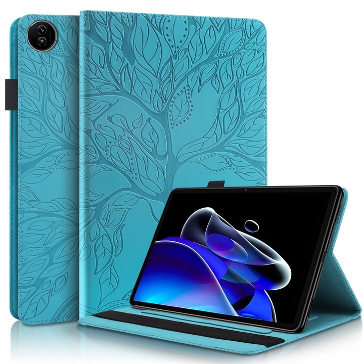 Realme Pad 2 tablet tok, Life Tree sorozat, gravírozott bőr, könyv stílusú, mágneses záródás, tókék