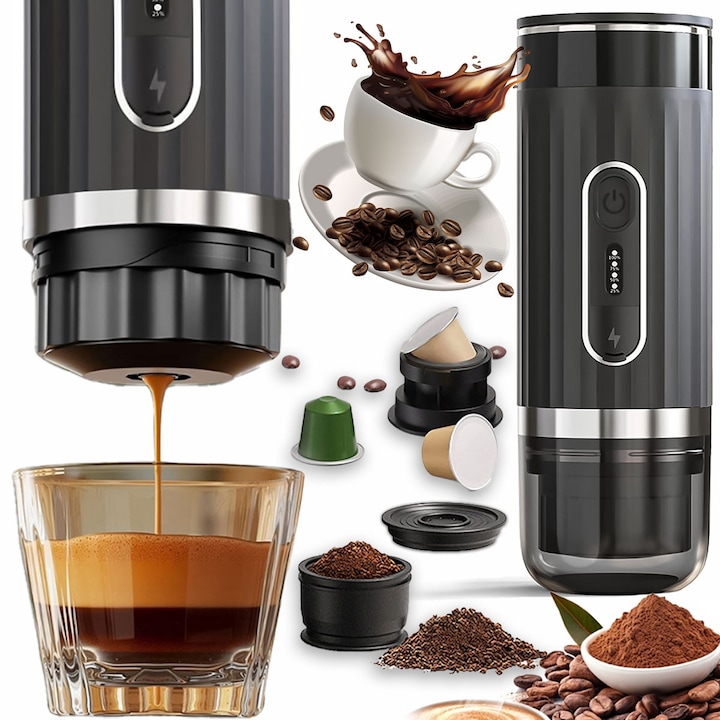 3 az 1-ben hordozható eszpresszógép 20 bar, EXCITAT, 7500 mA, vezeték nélküli fűtés, rozsdamentes acél, kompatibilis Nespresso kapszulákkal, Dolce Gusto és őrölt kávéval, 80 ml, teljesítmény szint kijelző, Autóba, Otthonra, Irodába, fekete