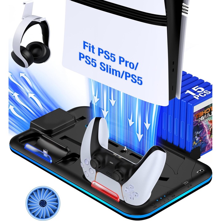 Állvány és hűtőállomás PS5/Slim/Pro konzolokhoz, PS5/Pro/Slim kiegészítők 3-szintes hűtőventilátorral, PS5 kontroller töltő, hűtőállvány, fejhallgató állvány, 15 játékhely, fekete