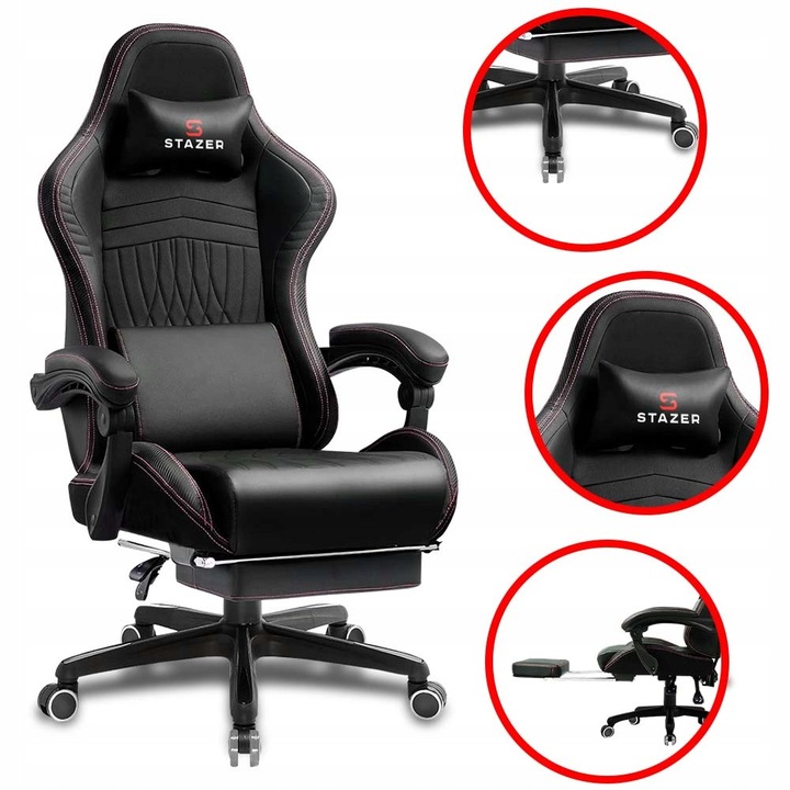 Геймърски стол Stazer, черно-червен, с облегалка и възглавници, регулируем, екокожа
