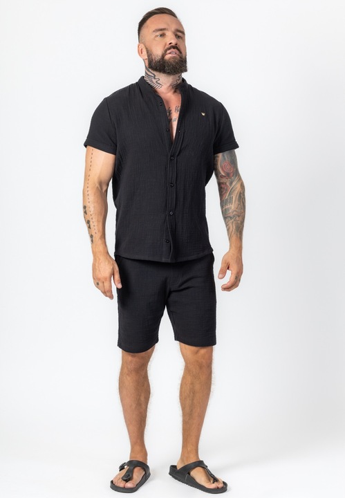 Set barbatesc camasa si pantaloni scurti din muselina, negru, marimea M, Tres Amigos