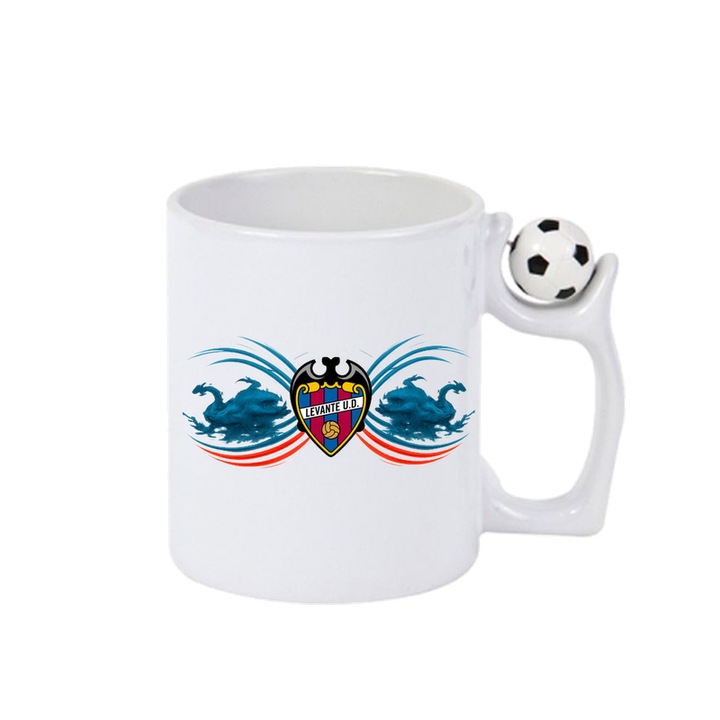 Cana Levante UD Spania, Ceramica, Cri-Flo, 330 ml, Minge rotativa antistres, Maner si interior Alb-Negru