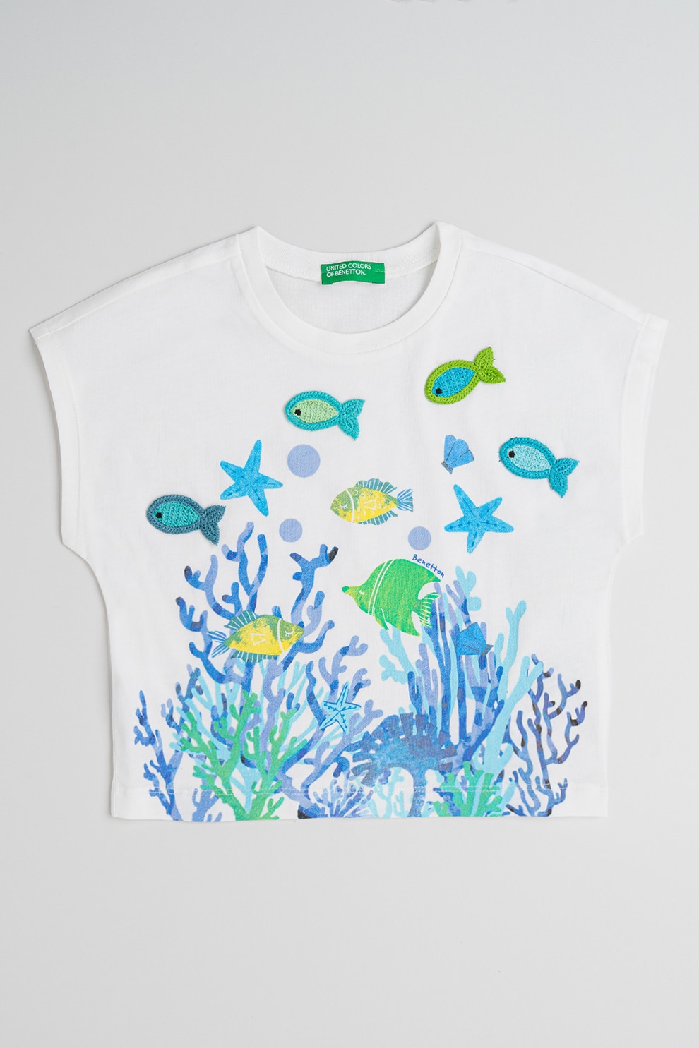 United Colors of Benetton, Tricou de bumbac cu detalii crosetate, Alb, Verde, Albastru, 90 CM
