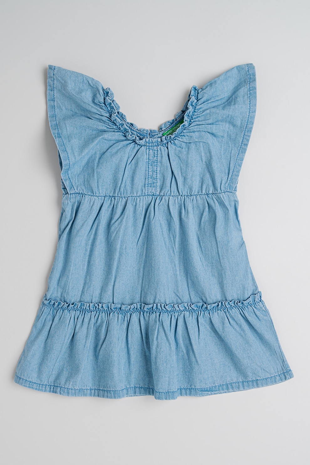 United Colors of Benetton, Rochie stratificata din material chambray, Albastru prafuit, 110 CM