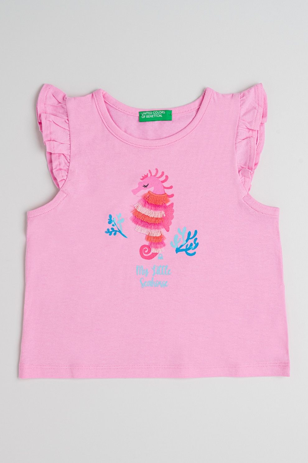 United Colors of Benetton, Top de bumbac cu volane, Roz, Albastru, 98 CM