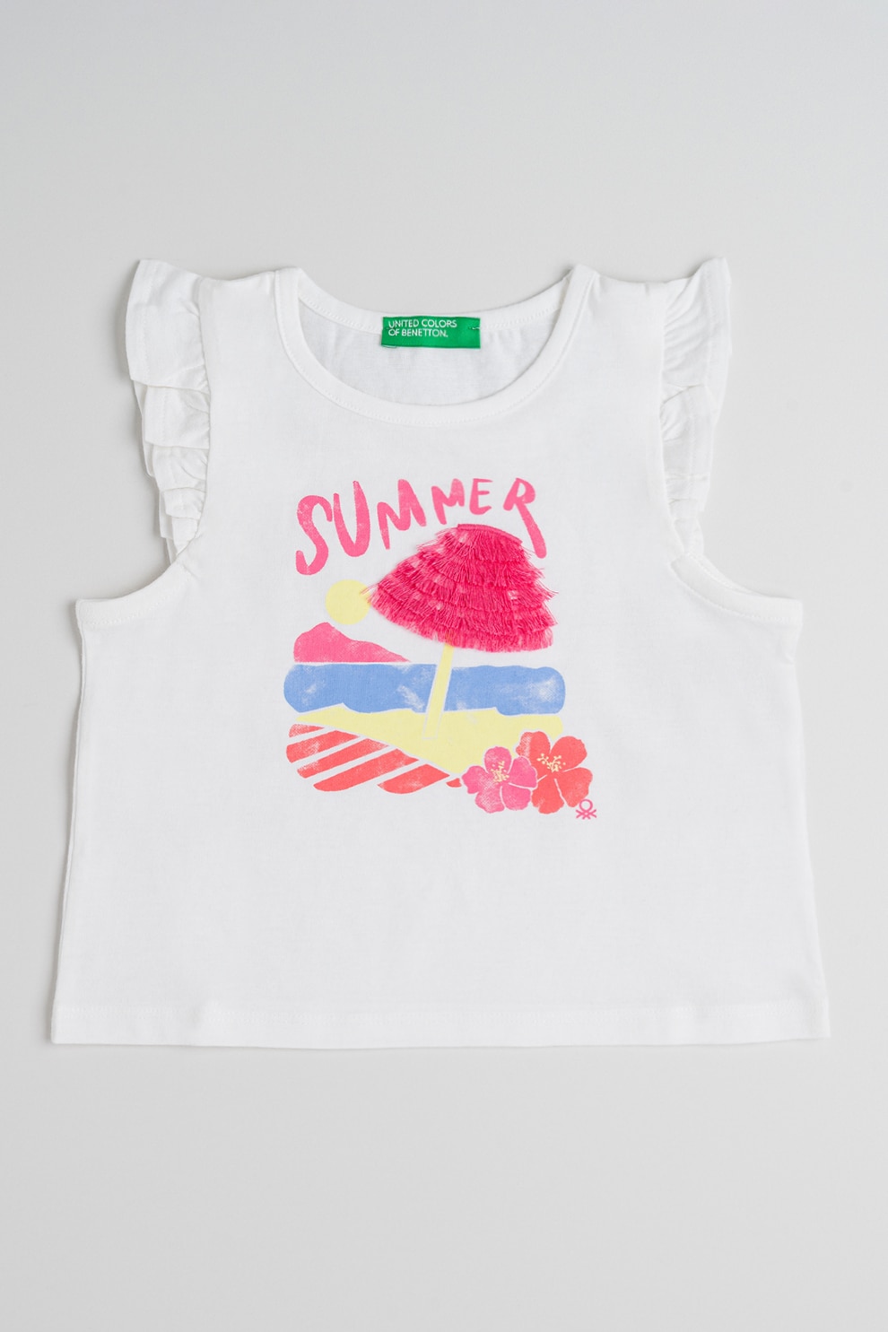 United Colors of Benetton, Top de bumbac cu volane, Alb, Roz, Albastru, 110 CM