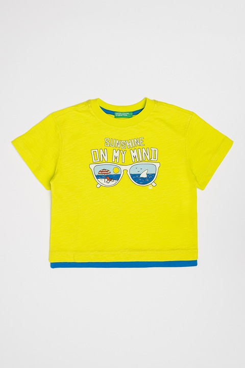 United Colors of Benetton, Bő fazonú pamut póló, Fehér/Királykék/Pisztáciazöld