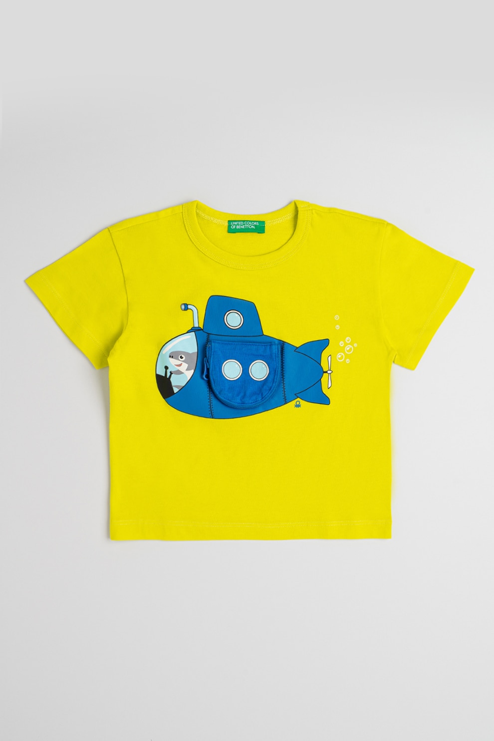 United Colors of Benetton, Tricou de bumbac cu model interactiv, Albastru inchis, Verde neon, 90 CM