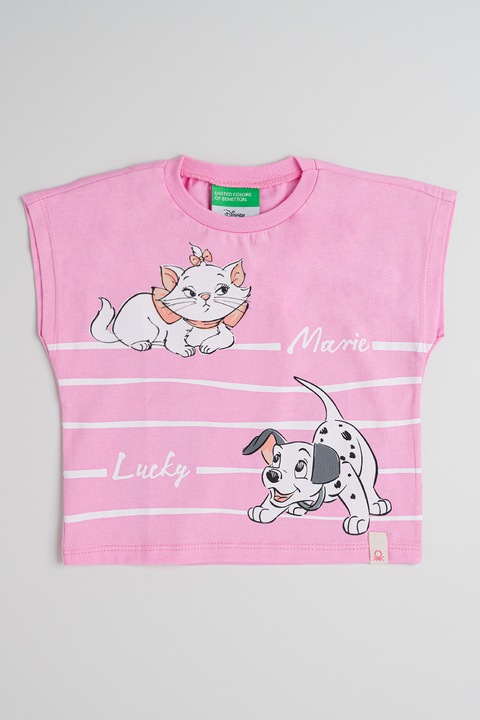 United Colors of Benetton, Tricou de bumbac cu imprimeu cu desene, Alb/Gri/Roz