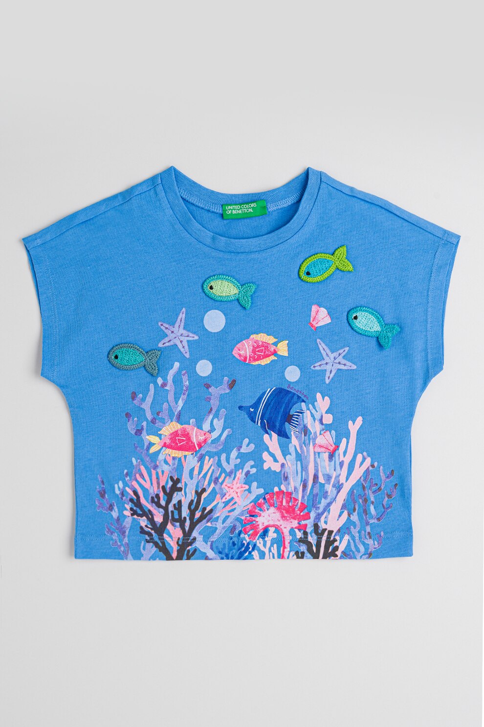 United Colors of Benetton, Tricou de bumbac cu detalii crosetate, Verde, Albastru prafuit, Roz, 90 CM